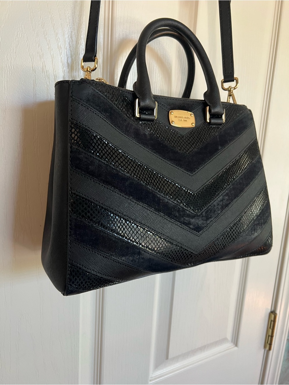 Michael Kors Black Chevron Mixed-Texture Satchel